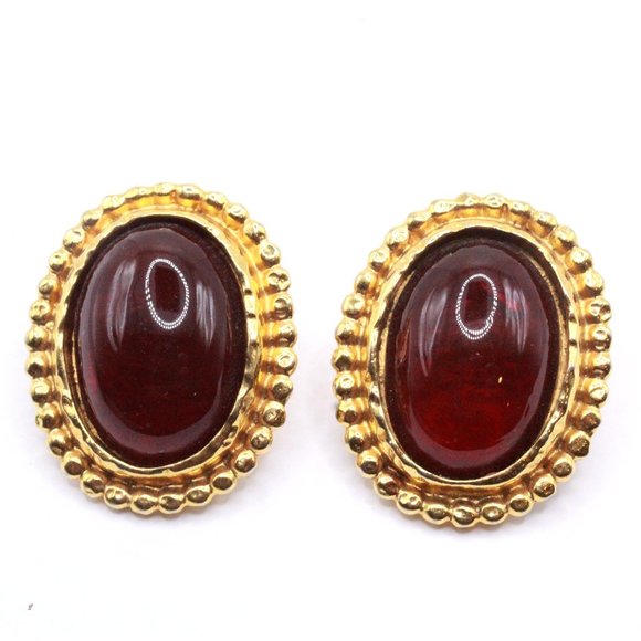 Edouard Rambaud Paris French Couture Deep Red Poured Glass Cabochon Earrings - Picture 1 of 6